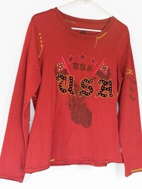 Double D Ranch USA Embellished Long Sleeve Top Red Western Studded Tee Size M